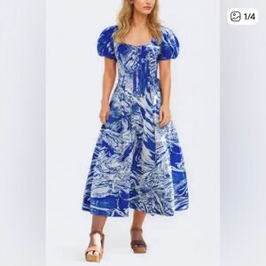 NEW JESSIE ZHAO Blue Printmaking Scoop Neck Cotton Midi Dress